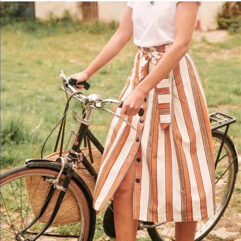 Sezane Amandine Button Up Striped Midi Skirt Sz 8